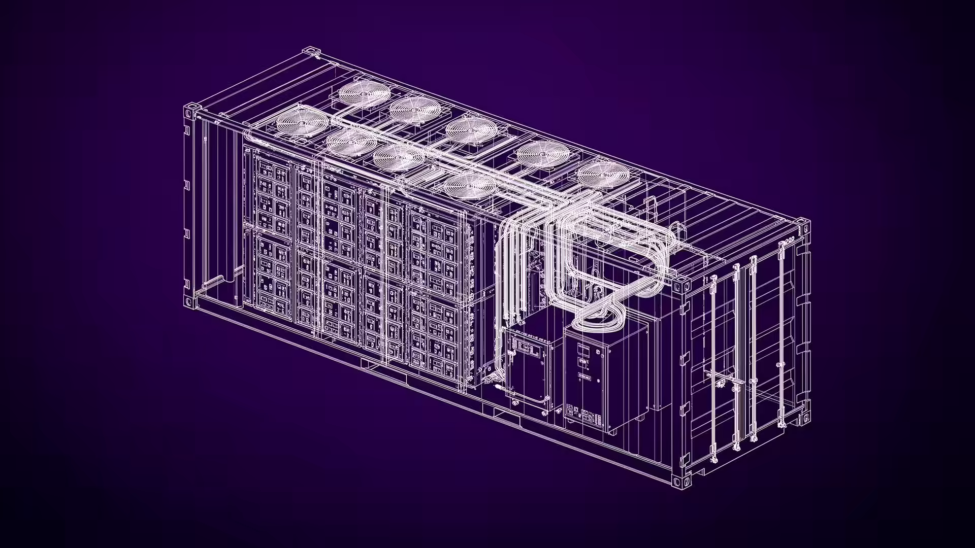Desenho industrial isométrico do contêiner BESS com racks de baterias, tubulações, ventiladores e compartimento de equipamentos.