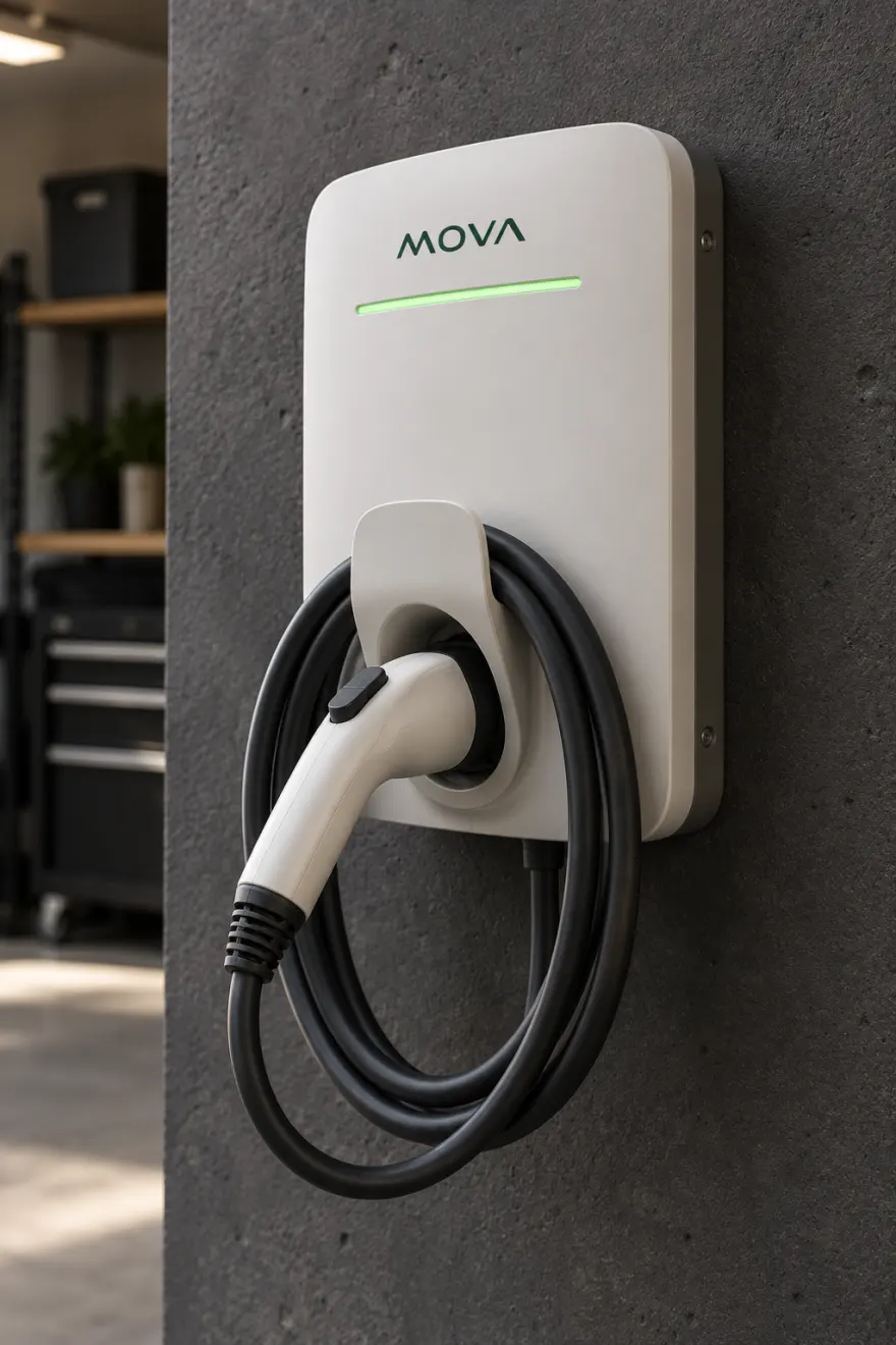 Wallbox residencial Mova instalada, com conector e cabo organizados